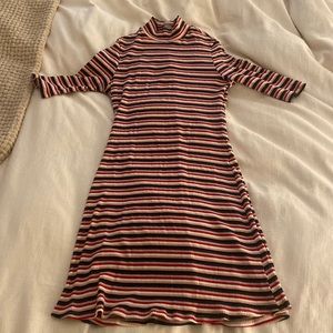 Reformation multicolored stripe dress with short sleeves and mock neck